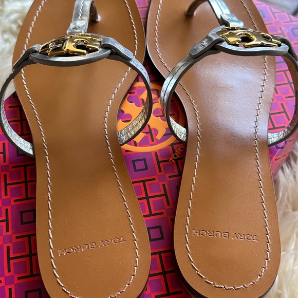 Tory Burch leather mini Millers Mirror Metallic sandals shoes dust bag size 9.5 - Picture 10 of 14